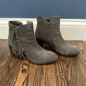 Kenneth Cole Suede Fringe Booties in Charcoal Grey
